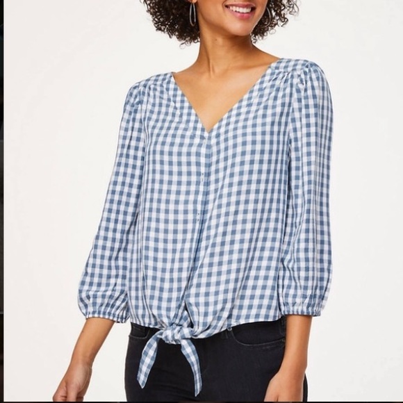 Blue Gingham Tie Button-Up Blouse LOFT - Picture 1 of 3